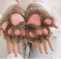 Gants d'hiver sans doigts en peluche marron en forme de patte de chat avec coussinets - Taille unique / Kaki