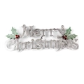 Silver glitter Merry Christmas hanging sign with holly leaves and red berries - 15CM / Silver