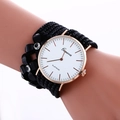 Fashionable floral wrap bracelet watch with sparkling crystals and black beaded strap - Black