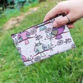 Cartoon owl and floral print zipper coin purse with keyring on grass background - Pattern 17