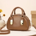 Petit sac bowling en cuir marron avec détails dorés et poignées pour femmes - Jaune Terre