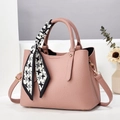 Pink lychee texture leather tote bag with houndstooth silk scarf handle and golden hardware - Pink