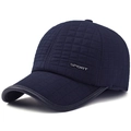 Navy blue quilted winter baseball cap with metal Sport logo and ear protection for men - Adjustable / Navy Blue