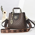 Retro brown printed crossbody bag with wide woven strap and golden leaf charm detail - Coffee Style 2