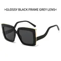 Square oversized sunglasses in glossy black with grey lenses and gold accents - Black Frame Black Grey Lens