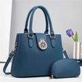 Ensemble sac à main bleu foncé en cuir motif litchi avec badge couronne et petit porte-monnaie - Bleu