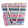 Grande borsa da spiaggia in tela a righe colorate con manici intrecciati e borsellino - Rosa Tribale