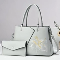 Light blue embroidered tote bag set with lily floral pattern and matching wallet - Gray