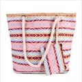 Colorful ethnic canvas tote bag with hemp rope handles and matching small coin purse - Pink Stripe