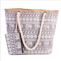 Grey canvas beach tote bag with elephant pattern, woven rope handles and small pouch - Grey Elephant Pattern