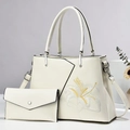 Elegant white PU leather handbag with lily embroidery and matching clutch envelope bag - Off White