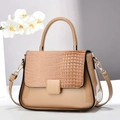 Elegant beige crocodile pattern shoulder bag with glossy finish and top handle - Khaki