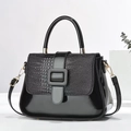 Glossy black crocodile-embossed satchel handbag with square buckle and adjustable strap - Black