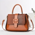 Brown crocodile embossed tote bag in glossy patent leather with large resin buckle - Earthy Yellow