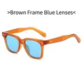 Square fashion sunglasses with amber brown frame, blue lenses, and golden rivets - Orange Frame Blue Lens