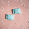 Light blue resin candy charms with white Sweet text for DIY jewelry and hair accessories - Sweet Lettering / Light Blue