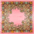 Detailed flat lay of coral silk square scarf with paisley floral pattern and satin finish - Pink / 90cmx90cm
