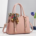 Pink lychee grain leather handbag with decorative silk scarf and gold metal hardware - 28x13x21cm / Pink