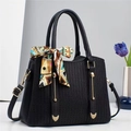 Minimalist black embossed tote bag with gold heart pendant and floral scarf decoration - 28x13x21cm / Black