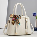 White textured tote bag with silk scarf handle and golden hardware on modern background - 28x13x21cm / Off White