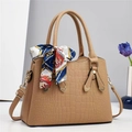 Khaki crocodile pattern women's handbag with elegant silk scarf and gold hardware - Khaki