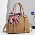 Chic khaki faux leather handbag with floral scarf and gold pendants for women - 28x13x21cm / Khaki