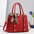Elegant red multi-layer leather tote bag with geometric texture and decorative silk scarf - 28x13x21cm / Red