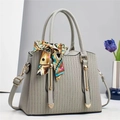 Minimalist light gray crossbody bag with lychee grain leather and colorful silk scarf - 28x13x21cm / Gray