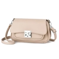 Detail view of beige lychee texture leather handbag with silver rectangular metal lock - Light Khaki