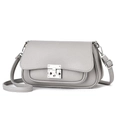 Detail of grey pebble grain leather crossbody bag featuring a silver square metal clasp - Gray