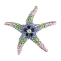 Elegante broche de estrella de mar con cristales coloridos y base dorada en fondo blanco - Verde