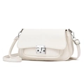 Detailed macro view of cream-colored litchi grain leather bag with silver buckle - Off-white