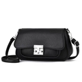 Classic black litchi pattern leather crossbody bag with silver push-lock buckle - Black