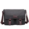 Men's large dark grey canvas messenger bag with brown straps and flap design - Regular / Black