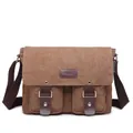 Brown canvas messenger bag for men with leather trim and adjustable strap - Regular / Coffee