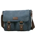 Men's large canvas messenger bag in denim blue with brown leather trim and shoulder strap - Regular / Royal Blue