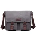 Dark grey canvas messenger bag with brown straps and double front flap pockets - Regular / Gray