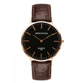 Détail d'une montre à quartz or rose avec cadran noir et bracelet en cuir marron - Bracelet Bambou Marron Cadran Noir