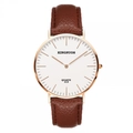 Detailed view of white minimalist dial with rose gold case and brown leather watch strap - Brown Litchi Strap White Dial