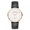 Montre à quartz Kingnuos classique avec boîtier or rose, cadran blanc et cuir noir - Bracelet Bambou Noir Cadran Blanc
