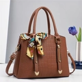 Elegant brown crocodile pattern handbag for women with colorful silk scarf and gold hardware - Earthy Yellow