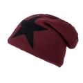 Burgundy winter knit beanie featuring a black star pattern on a plain white background - Wine Red