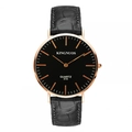 Détail de la montre à quartz KINGNUOS avec boîtier en or rose et bracelet cuir motif crocodile - Bracelet Bambou Noir Cadran Noir