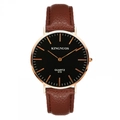 Macro detail of brown leather strap and rose gold case on a quartz wristwatch - Brown Litchi Strap Black Dial