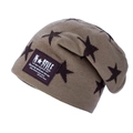 Brown knitted beanie with black star pattern and stylish label in a retro casual look - Khaki