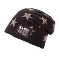 Winter knit beanie in dark brown with beige stars and stylish black square patch - Coffee