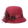 Elegant wine red wool cloche hat for women with fabric rose and black dotted mesh veil - One Size / Burgundy