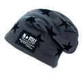 Grey knitted beanie featuring black star patterns and a side style label decoration - Gray
