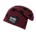 Winter wine red knitted beanie featuring black star patterns and stylish square label - Wine Red