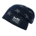 Dark blue knitted beanie featuring grey star patterns and a black woven decorative patch - Navy Blue